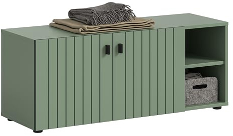 xonox.home – Sitzbank Station 106x43x37 cm in Smoke Green Nachbildung – Schuhschrank-Bank mit viel Stauraum, 2 Türen und höhenverstellbaren Einlegeböden für den Eingangsbereich