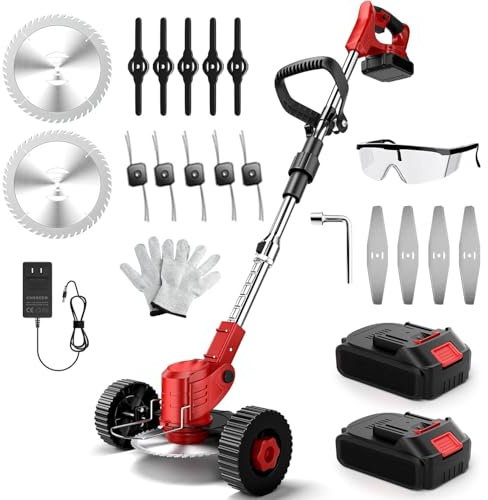 Aimmbiuty Debroussailleuse Electrique sans Fil - Debroussailleuse Batterie avec 2 Batterie 21V et 4 Types de Lames - Coupe Bordure avec Poignée Réglable - Débroussailleuse à Gazon pour Jardin (Rouge)
