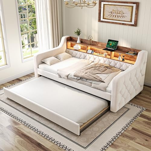 FammyLoft 90*190cm Sofa-Bett mit Ausziehbarem Bett und Stauraum, Daybed mit Samtbezug, LED-Ambiente und USB-Type-C-Anschluss, Schlafcouch, Jugendbett für Wohnzimmer, Gästezimmer & Jugendzimmer, Beige