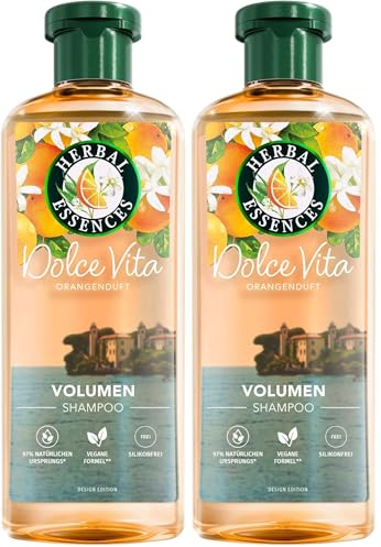 Herbal Essences Volumen Shampoo mit Orangenduft 350ml, Von feinem Haar zu gestärktem Haar voller Volumen von der Wurzel bis zur Spitze, Mit Inhaltsstoffen natürlichen Ursprungs, Vegan, ohne Silikone