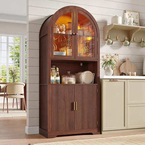 Maupvit 70 Tall Arched Wine Bar Cabinet with LED Light, Fluted Coffee Bar Cabinets with Stemware Rack, Kitchen Pantry Cupboard with Glass Doors, Liquor Cabinet for Home, Dining Room (Walnut)