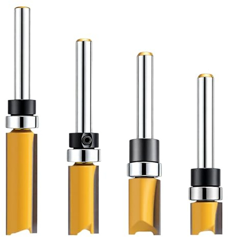 4 Pcs Flush Trim Router Bit Set 1/4 Inch Shank, Router Bits with Bearing Professional Straight Flush, Woodworking Template Cutter Tools for Decorative Wood Particleboard Finishing, Milling Trimming
