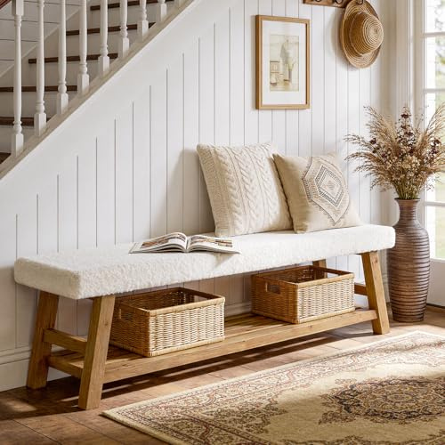 TRIBEWOOD Gepolsterte Schuhbank 140 cm, 2‑stöckige Sitzbank mit Ablage, Massivholz-Beistellbank, Landhaus-Stil, Weiß & Braun, für Flur, Schlafzimmer, Wohnzimmer