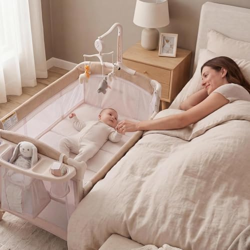 Garvee Babybett und Reisebett Baby mit Matratze, 5-in-1 Wiegefunktion | Beistellbett Wickeltisch Spieluhr klappbar, Automatische Wiege Zum Einschlafen,mit Rollen atmungsaktive Netzfenster bis 15 kg