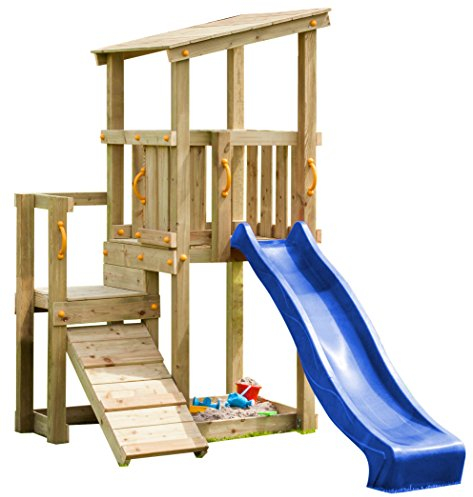 Blue Rabbit 2.0 Spielturm CASCADE mit Rutsche 2,30 m + Kletterrampe Spielhaus Kletterturm Spielplatz Kiefer MASSIVHOLZ imprägniert (Blau)