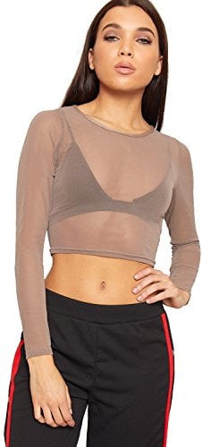 WearAll Womens Sheer Mesh Crop Top Ladies Long Sleeve Crew Neck Plain Stretch New - Mocha - 12-14