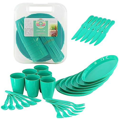 31 Piece Camping Picnic Plastic Utensils BBQ Set with Knives Forks Spoons Cups & Plates (Green)