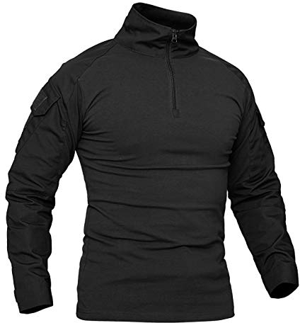 KEFITEVD Herren Militär Shirt Männer Eng Langarmshirt Herbst Sweatshirt Jagdhemd Multicam Oberteil Tactical Shirt mit Klettfläche Paintball Shirt Frühling Schwarz L