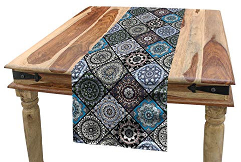 ABAKUHAUS marokkanisch Tischläufer, Antike Kultur Folk, Esszimmer Küche Rechteckiger Dekorativer Tischläufer, 40 x 300 cm, Grau Weiß