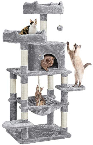 Yaheetech Albero Tiragraffi per Gatti Adulti Giocattolo in Corda Sisal Naturale Gioco 2 Palle 60 x 48,5 x 150 cm Grigio Chiaro