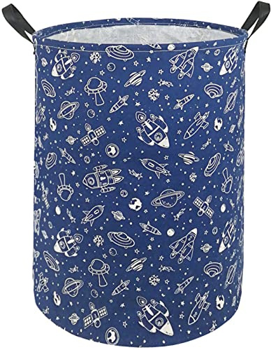 KUNRO Kinder-Wäschekorb, Kleidung, Geschenkkorb, Aufbewahrung, Wäschekörbe, Organizer mit Griffen für Kinderzimmer (marineblaues Raumschiff)