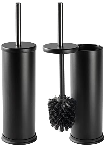 Harbour Housewares Toilet Brush and Holders - Matte Black - Pack of 2 - Round Toilet Bowl Brush & Holder Stainless Steel Bathroom Deep Cleaning Scrub