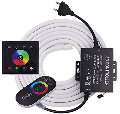 XUNATA Luz de Neón Tira de LED RGB de 220V con kit de Control de Panel Táctil y Remoto, Impermeable Flexible de 5050 LED Tira de neón- 15 Metros