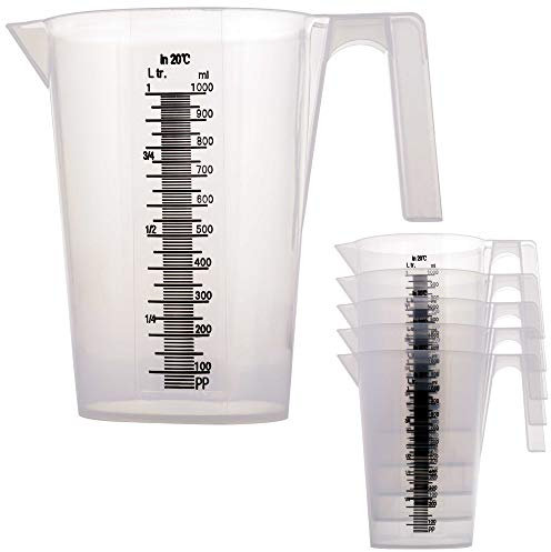 TCP Global 1 Liter (1000ml) Plastic Graduated Measuring and Mixing Pitcher (Pack of 6) - Holds Over 1 Quart (32oz) - Pouring Cups, Measure & Mix Paint, Resin, Epoxy, Kitchen Cooking Baking Ingredients