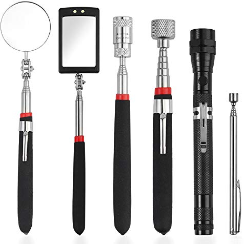 XUNTOP Recogedor Magnético Telescópico 6 Pcs Herramienta Telescópica Incluye Varilla de 6.8kg/0.45kg/3.6kg con Luz LED, Espejo de Inspección Redondo/Cuadrado, Linternas Giratorias de 360 °