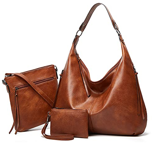 Ashioup Damen Hobo Bag Ranzen Geldbörsen Set, braun