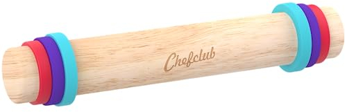 Chefclub Kids - Rouleau à Pâtisserie Ajustable en Bois - 3 Anneaux en Silicones Amovibles pour 3 Différentes Épaisseurs de Pâtes - 7mm, 5mm et 3mm - Des Recettes Inclus - Dès 4 ans