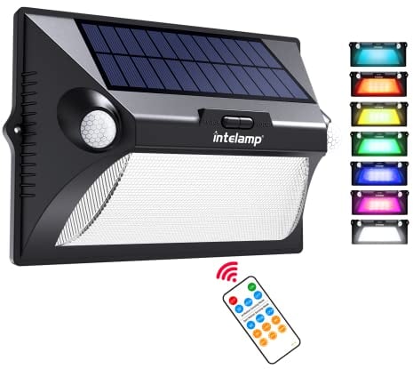 INTELAMP Solarlampen für Außen, 5 Modi Solar Lampe Outdoor mit Bewegungsmelder, IP65 Solar Sicherheitswandleuchte, Helligkeits und Farbanpassung per Fernbedienung für Garage Yards Lights