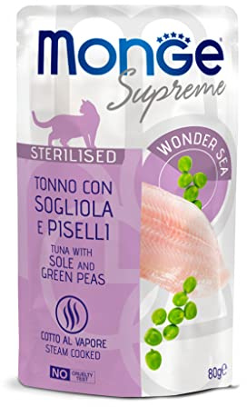 Monge Supreme STERILISED Tuna with Sole and Green PEAS, Nassfutter für Katzen (Katzenfutter aus Thunfisch mit Seezunge und grünen Erbsen, sehr Ballaststoff- & Vitaminreich, 80 g)