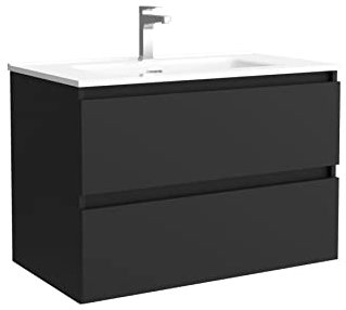 Salgar Mueble de baño Bequia 80 cm con Lavabo 100% montado de fábrica | Acabado Negro Mate suspendido 2 cajones Cierre amortiguado Apertura con uñero | Lavabo Porcelana Blanca | Marca