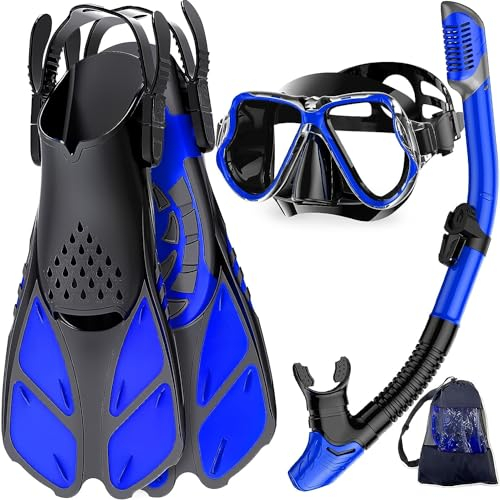 Zenoplige Schnorchelset Erwachsene mit Flossen, Anti-Fog Panorama Taucherbrille, Dry Top Schnorchel und Schwimmflossen, 3 in 1 Schnorchel Set für Schwimmen, Tauchen