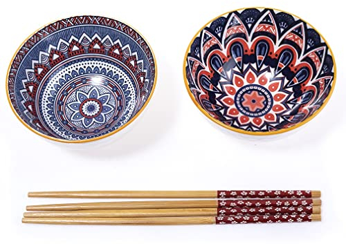 lachineuse - Coffret 2 Bols Éthniques ⌀ 11cm - Bols à Riz, Soupe Orientale, Poke Bowl & Apéritif - 2 Paires de Baguettes - Bols Japon Asie Inde Ramadan - Cadeau Vaisselle Asiatique Africaine