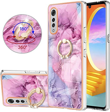 Hülle für LG Velvet 4G 5G Marmor Schutzhülle,Backcover Premium Galvanik Handyhülle mit 360Grad Drehbarer Ständer Anti-Scratch Glänzender Marmor Cover für LG Velvet 4G 5G/LG G9 Velvet,Pink Marble