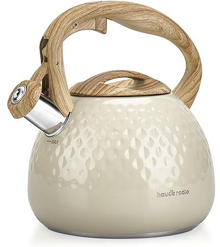Teekessel, Teekanne für Herd, 2,7 Quart, laute Pfeife, lebensmittelechter Edelstahl und glatter Holzgriff, anspruchsvolle Optik für Wandern, Picknick, für Tee, Kaffee (milchig weiß)