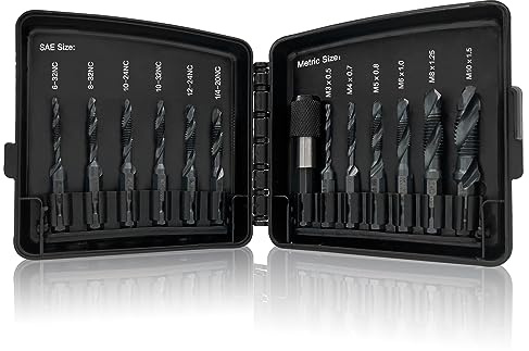 Drill & Tap Bits Set of 13 pcs - 6 SAE Sizes: 6-32NC to 1/4-20NC, 6 Metric Sizes: M3 to M10 and a Quick-Change Adapter – Combine Drilling Tapping Threading Countersinking Functions in One Bit, Black