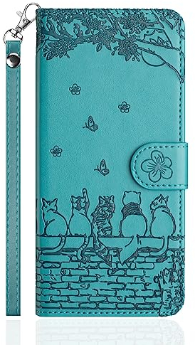 Butnyeoe Handyhülle für iPhone SE 2022/SE 2020,Zaunkatzen iPhone 8/7 Klappbar Hülle,Geprägtes PU Leder Wallet Schutzhülle Tasche Flip Case,Magnetische Klapphülle mit Kartenfach Standfunktion,Blau Grün