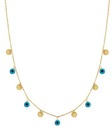 Remi Bijou 925 Silber Halskette mit runden Anhängers Münzen mit Nazar Boncuk oder Strasssteine (Gold Augen)