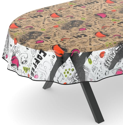 Tischdecke transparent Folie durchsichtige Wachstuchtischdecke Tischschutz Schutzfolie Tischfolie Bedruckt Motiv Coffee Oval 140 x 200cm mit Saum