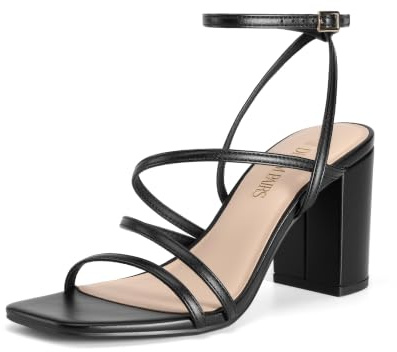 DREAM PAIRS Women's Heels Chunky Block Sandals | Multiple rhinestone-studded straps, 4mm vegan leather latex insole, block heel, square open toe