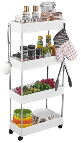 Carro de Almacenamiento, Carrito Auxiliar con Ruedas. Carro Organizador Divisible, Ahorra Espacio, Plástico para Almacenamiento, Baño u Oficina. (4 Niveles / 86 x 40 x 12 cm)