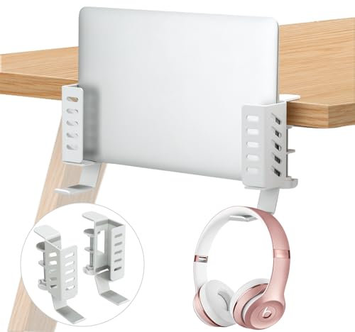 FEIKU No Drill Desk Side Laptop Mount,Hanging Laptop Holder for Office and Home,Clamp on Desk Side Storage Organizer for Laptops/MacBook/Book/Keyboards/Headphone/Gamepad/Backpack White