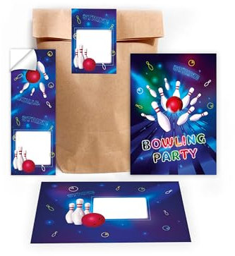 Limonia 12 Einladungskarten zum Kindergeburtstag Bowling Party Kegeln neon Einladung Set Geburtstag Mädchen Kinder Jungs Jungen Boys Geschenktüte inkl. 12 Umschläge, 12 Tüten, 12 Aufkleber