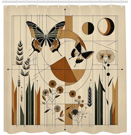 ABAKUHAUS Mid Century Modern Duschvorhang, Esoterische geflügelte Motte geometrische Wildnis Runden und Linien, Stoffliches Gewebe mit Haken, 175 x 200 cm, Grau Gelb Blasses Braun