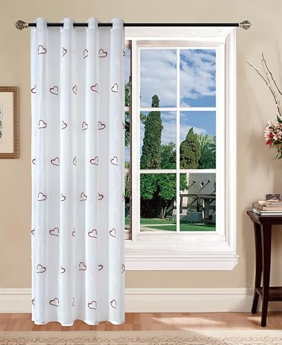 Tata Home Coppia Tendoni per Interni a Vetro Finestra Semitrasparenti Bianche Tende Camera Soggiorno Sala da Pranzo Fantasia Shabby Chic 140x290 cm con Cuori Rossi