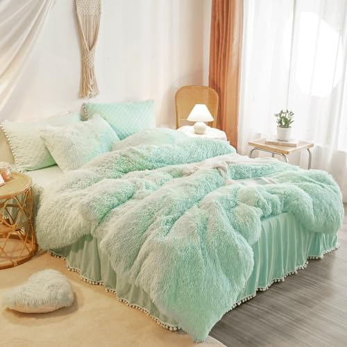 Grüner Kunstfell-Bettbezug für Queen-Size-Bett, flauschiges Mintgrünes Kunstfell-Bettwäsche-Set, 1 Stück (1 Plüsch-Bettbezug), Kunstfell-Bettwäsche-Set, einfarbig, Minzgrün, Queen-Size-Bett