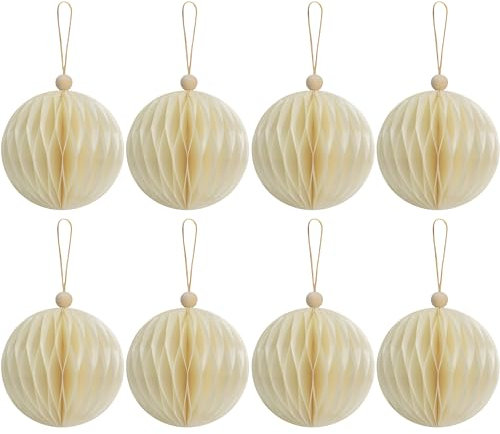 KI Store 8pcs Cream Paper Christmas Baubles with Magnetic Closing 8cm Paper Christmas Tree Decorations Ornaments for Xmas Tree