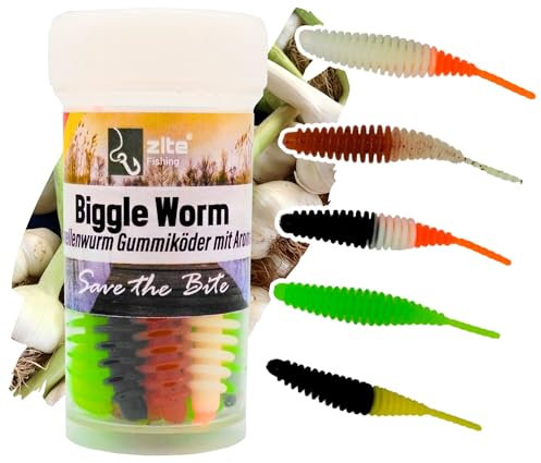 Zite Fishing Biggle Worm Gummiköder | 8 Stück Lamellen-Gummiwurm für Ultra Light Forellen Angeln | Made in Germany | 100% Phthalatfrei (Allround, Knoblauch)
