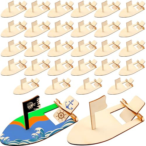 Haconba 36 Pack DIY Wooden Craft Sailboat Unfinished Paintable Wood Boat Model Rubber Band Paddle Sailboat for School DIY Handicraft Projects Birthday Party Family Time
