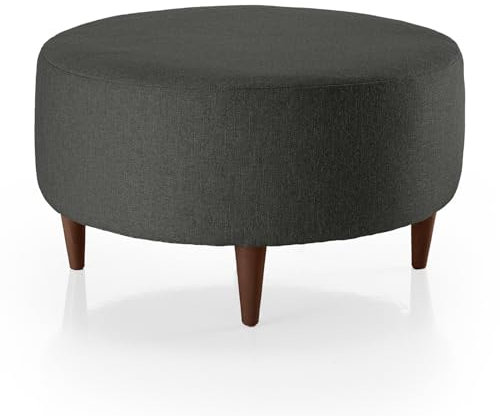 Deshome Pouf Fußhocker rund 80 cm wasserabweisender Stoff: Sitzsack Sofa Wohnzimmer Pouf Schlafzimmer, Fußhocker für Sofa Sitzsack Wohnzimmer Gea (Graphitschwarz, dunkler Walnussfuß)