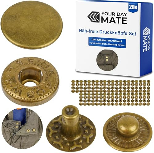 Näh-freie Druckknöpfe, Ø 10 mm, 20 Paare, in Bronze, Set ohne Werkzeug, Stoffclips für DIY, Druckknopf mit Ringfeder Verschluss, Reparatur Metall Knöpfe, Ersatz Knopf Nähzubehör, Ringfederdruckknopf