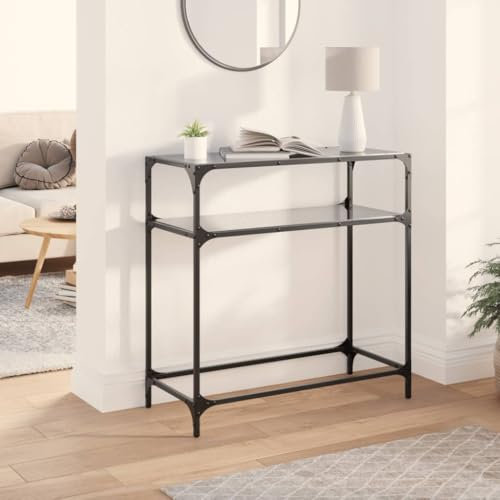 Gecheer Table Console avec Dessus en Verre Noir 80x35x81 cm Acier, Meuble d’entrée avec Étagère, Table de Bout de Canapé pour Salon, Entrée, Couloir ou Salle à Manger
