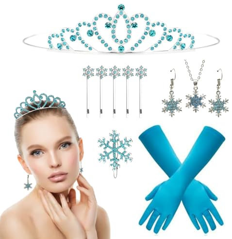 XINDY ELSA Kostüm Damen Mädchen, ELSA Krone Prinzessin Krone Frozen Haarschmuck Haarspangen Schneeflocken Ohrringe Kette ELSA Handschuhe für Fasching Karneval Prinzessin Kostüm Frozen Kostüm Zubehör