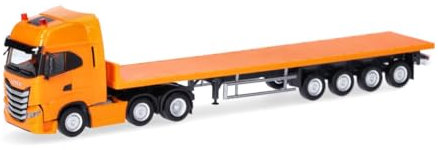 Herpa LKW Modell Iveco S-Way 6x2 Flachbett-Sattelzug, Miniatur im Maßstab 1:87, Sammlerstück, Made in Germany, Kunststoff, Farbe: ommunalorange
