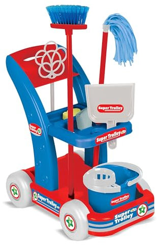 Carrello delle Pulizie Giocattolo per Bambini - Trolley Pulizie Cleaning Lusso con Secchio Strizzatore, Scopa, Mocio, Paletta, Spugna - MADE IN ITALY (BLU)