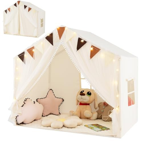 HOMASIS Kinderzelt Indoor, Spielhaus mit Matte & Lichtern & Vorhang & Flaggen, Spielzelt aus Baumwolle, Prinzessin Zelt für Mädchen & Jungen ab 3 Jahren, Kinderspielhaus für Kinderzimmer (Beige)