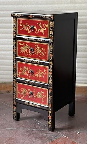 Kunibert Antike chinesische Kommode Tibet Anrichte Asia Sideboard Chinakommode mit 4 Schubladen Breite38xHöhe88cm Farbe: Nussbaum mit Gold
